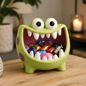 May include: A light green monster-shaped bowl with large white eyes, a wide open mouth featuring white teeth, and purple spots on the sides. The interior of the mouth is dark pink and contains a variety of colorful, individually wrapped candies.