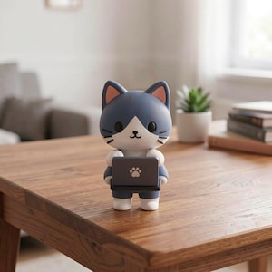 May include: A small, stylized cat figurine with blue and white fur, black eyes, and pink inner ears. The cat is standing upright and holding a small, dark gray laptop featuring a white paw print icon on the lid, with white paws and feet.