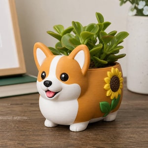 Sunflower Corgi Succulent Pot, Hand-Painted 3D Printed Dog Planter, Cute Floral Indoor Plant Container