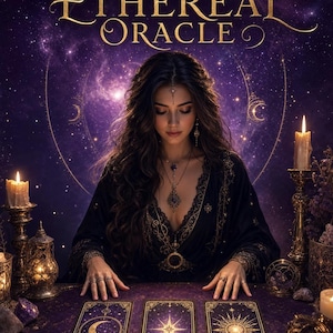 May include: An image of a woman with long brown hair, adorned with jewelry, seated at a table with tarot cards. The text "THE ETHEREAL ORACLE" is displayed above. The background features a starry night sky and lit candles.