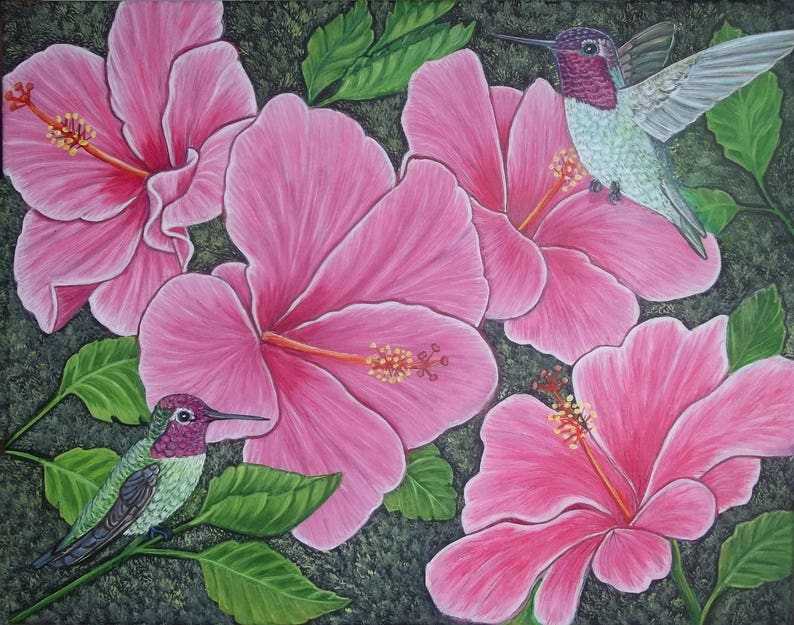 Two hummingbirds and Pink Hibiscus flowers