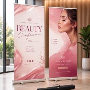 Peut inclure: Deux bannières rétractables verticales pour une Beauty Conference 2026. La bannière de gauche présente des vagues abstraites roses et du texte. Celle de droite affiche le profil d'une personne, des graphismes fluides roses et les détails de l'événement.