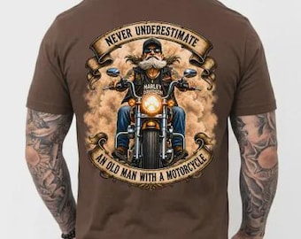 Never Underestimate An Old Man With A Motorcycle (Back Print) Biker T-shirt