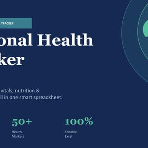 以下が含まれることがあります： 「Personal Health Tracker」と「All-in-one Excel Tracker」のテキストが入った濃い青色のグラフィック。画像には、パルスラインのある緑色の心臓と、ラボ、フィットネス、栄養の追跡に関する詳細が含まれています。