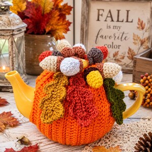 Crochet Fall Tea Cozy Pattern, Pumpkin Acorn Leaf Design (PDF)
