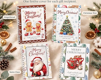 May include: Four spiral-bound books with Christmas-themed covers featuring gingerbread figures, a decorated Christmas tree, Santa Claus, and festive mugs. Each cover displays the text Merry Christmas and A gift card book made just for you.