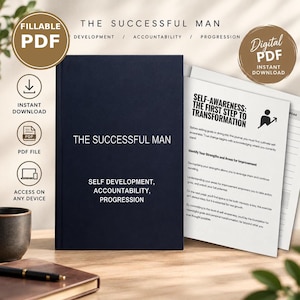 Den framgångsrika mannens dagbok i PDF-format, ifyllbar självförbättringsplanerare för män, arbetsbok för målsättning, 90-dagars digital dagbok, direktnedladdning