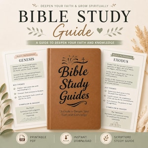 May include: A brown Bible Study Guide with the title in large, elegant script. The guide is accompanied by two pages detailing Genesis and Exodus, with key themes and symbolism. The image also includes the text "A Guide to Deepen Your Faith and Knowledge."
