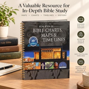 May include: A spiral-bound book titled Rose Book of Bible Charts, Maps & Time Lines with a dark cover featuring a 10th Anniversary emblem, historical illustrations, and a central image of an ancient structure, set against a light background.