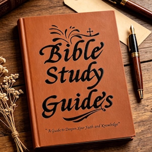 May include: A tan-colored book with the black embossed text "Bible Study Guide's" and the subtitle "A Guide to Deepen Your Faith and Knowledge" on the front cover. The book is accompanied by two fountain pens, a paper tag, and dried flowers.