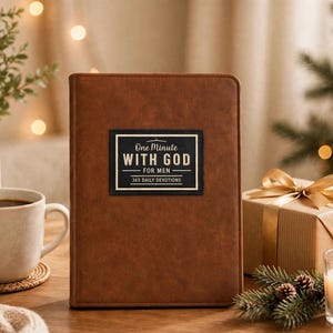 Puede incluir: Un libro de devociones rectangular de color marrón con una etiqueta rectangular negra en la portada. La etiqueta presenta el texto en blanco: One Minute WITH GOD FOR MEN 365 DAILY DEVOTIONS. El libro tiene una textura lisa, mate y similar al cuero.