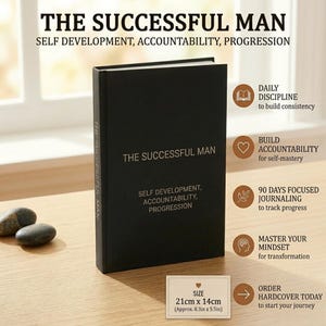 May include: A black hardcover journal titled THE SUCCESSFUL MAN with the subtitle SELF DEVELOPMENT, ACCOUNTABILITY, PROGRESSION. The cover features gold text. A label indicates the size is 21cm x 14cm, approximately 8.3in x 5.5in.