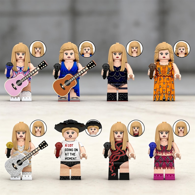 May include: A collection of Lego-style figurines, each depicting a blonde woman with a microphone. Some figures hold guitars, while others wear various outfits, including a dress, a bodysuit, and a t-shirt with the text "A LOT GOING ON AT THE MOMENT."
