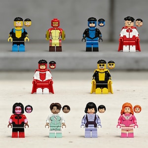 May include: A collection of colorful superhero-themed Lego minifigures. Each figure has a unique costume design, with vibrant colors like red, blue, yellow, and pink. Some figures include alternate head pieces. The figures are standing on a light gray surface.