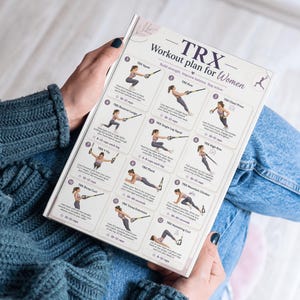 Puede incluir: Una gu&iacute;a instructiva blanca titulada TRX Workout plan for Women que presenta doce ilustraciones de ejercicios numeradas con descripciones de texto para movimientos como sentadillas, remos, estocadas y planchas, impresa en una tarjeta rectangular.