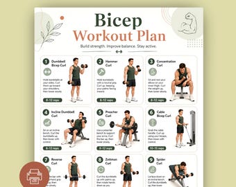 Bicep Workout Plan Chart, Arm Training Poster, Home Gym Guide (PDF Download)