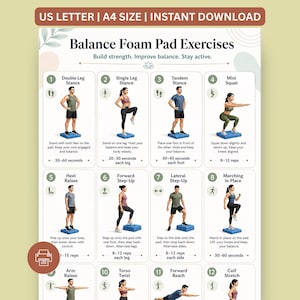 Puede incluir: Una tabla de ejercicios titulada Balance Foam Pad Exercises con doce ilustraciones numeradas de personas realizando varios movimientos sobre una almohadilla de espuma azul. El texto incluye US LETTER | A4 SIZE | INSTANT DOWNLOAD arriba.