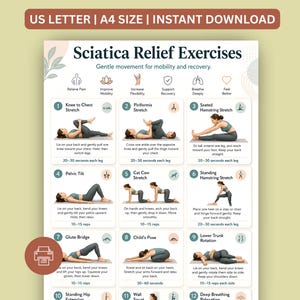 Peut inclure: Un guide imprimable présentant 12 exercices pour soulager la sciatique, incluant des étirements comme le genou à la poitrine et la posture de l'enfant. Le guide est conçu pour améliorer la mobilité et réduire la douleur. Le texte dit "US LETTER | A4 SIZE | INSTANT DOWNLOAD".