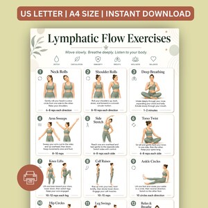 May include: A printable exercise chart titled "Lymphatic Flow Exercises" with instructions for various exercises. The chart includes illustrations and text, with the words "US LETTER | A4 SIZE | INSTANT DOWNLOAD" at the top. The exercises include neck rolls, shoulder rolls, and deep breathing.