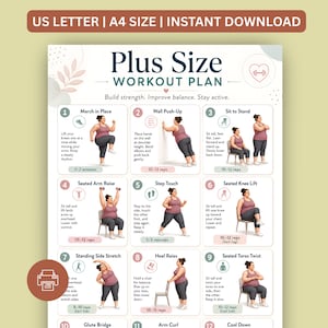 May include: A digital workout plan chart titled Plus Size Workout Plan with the text US LETTER | A4 SIZE | INSTANT DOWNLOAD. It features twelve numbered exercise illustrations showing a person in a mauve tank top and gray leggings performing movements.