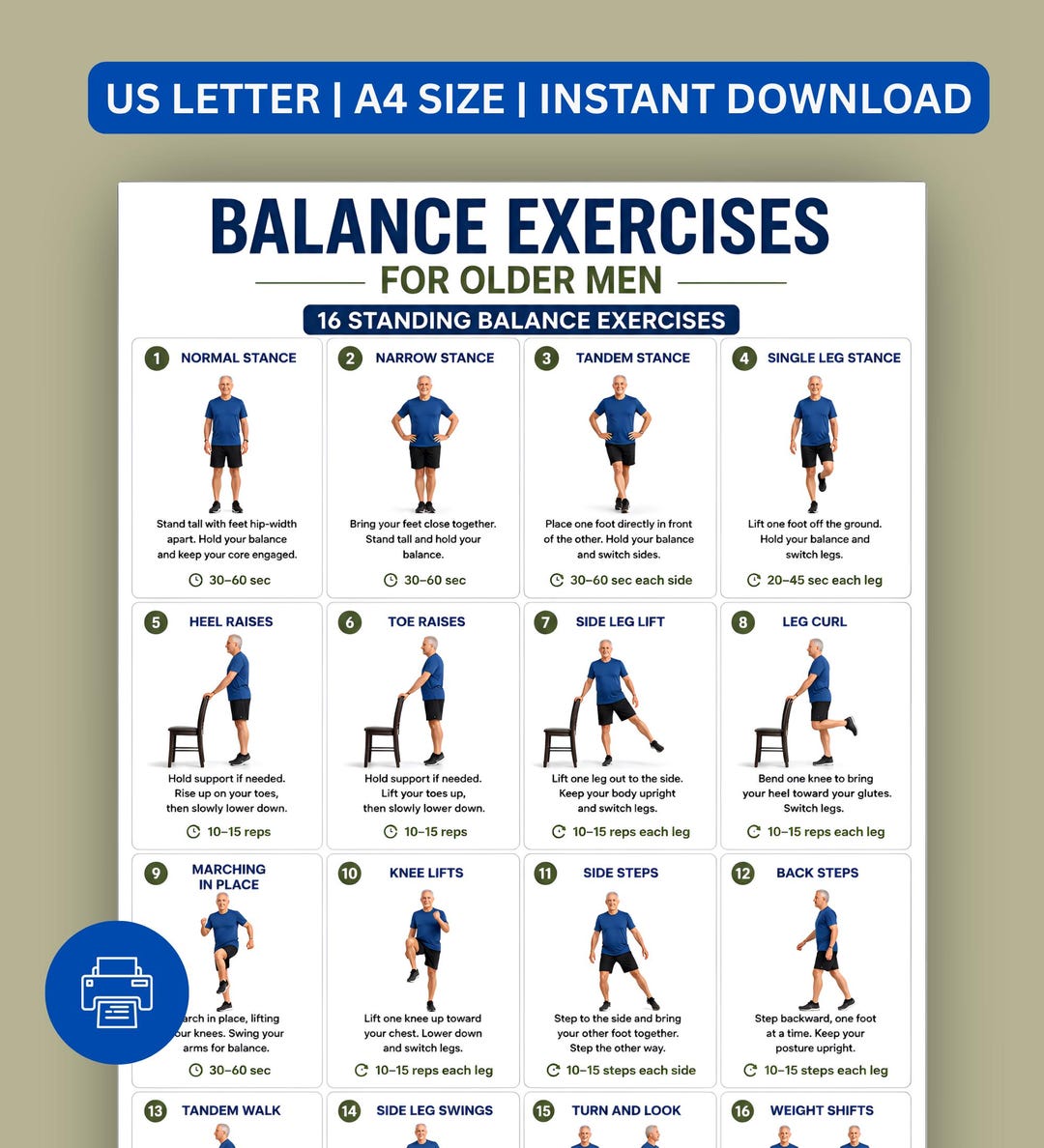 Balance Exercises for Older Men Printable | 16 Standing Stability PDF