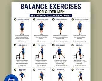 Ejercicios de equilibrio para hombres mayores (imprimibles) / 16 ejercicios de estabilidad en bipedestación (PDF, descarga digital)
