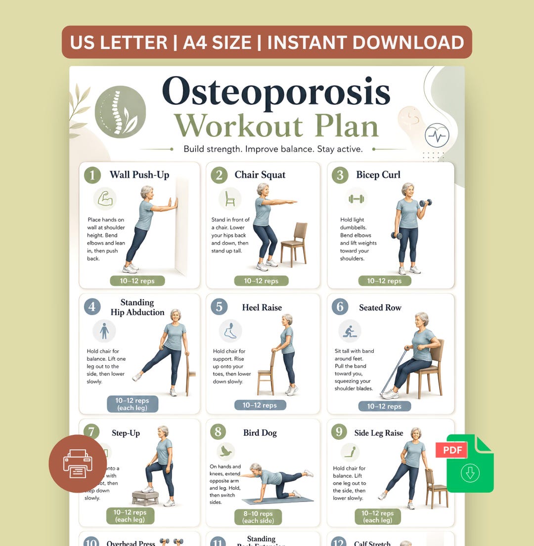 Osteoporosis Workout Plan Printable | Senior Bone Health Exercise Chart ...