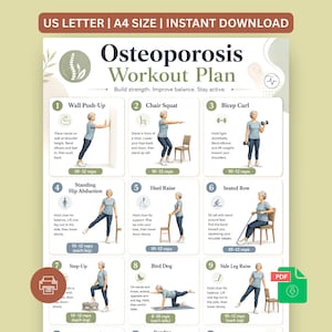 May include: A digital Osteoporosis Workout Plan chart featuring nine numbered exercise illustrations with instructions. The document includes text for US Letter and A4 size, and displays a person performing wall push-ups, squats, and other movements.