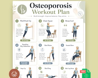 Osteoporosis Workout Plan Printable PDF | Senior Fitness Exercise Chart | Bone Health Strength Training Poster | Home Workout Guide