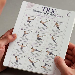 Puede incluir: Un documento de papel blanco titulado TRX Workout plan for Women que presenta doce ilustraciones de ejercicios numeradas. Cada secci&oacute;n incluye un diagrama de una persona usando correas de suspensi&oacute;n, texto descriptivo y repeticiones.