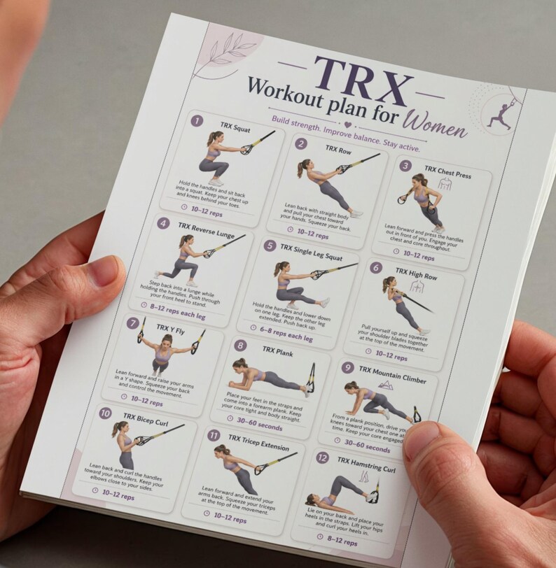 Puede incluir: Un documento de papel blanco titulado TRX Workout plan for Women que presenta doce ilustraciones de ejercicios numeradas. Cada secci&oacute;n incluye un diagrama de una persona usando correas de suspensi&oacute;n, texto descriptivo y repeticiones.
