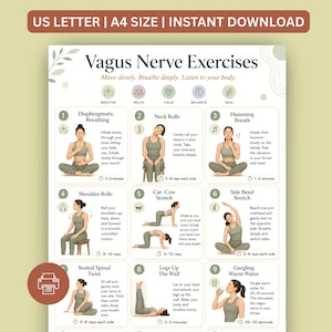 Pode incluir: Uma folha de instruções digital intitulada Vagus Nerve Exercises, apresentando nove ilustrações numeradas de uma pessoa realizando vários movimentos. O documento inclui instruções de texto para técnicas de respiração, alongamento e relaxamento.