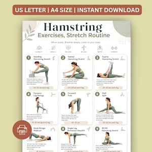 Può includere: Una guida stampabile agli esercizi e alla routine di stretching dei muscoli posteriori della coscia. La guida include illustrazioni e istruzioni per vari esercizi di stretching dei muscoli posteriori della coscia. Il testo in alto recita "US LETTER | A4 SIZE | INSTANT DOWNLOAD".