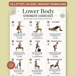 May include: A Lower Body Strength Exercises chart featuring nine numbered illustrations of individuals performing squats, lunges, glute bridges, sumo squats, step-ups, deadlifts, calf raises, wall sits, and split squats with instructional text.