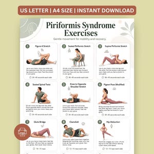 Peut inclure: Une fiche d'instructions numérique intitulée Piriformis Syndrome Exercises présentant neuf illustrations numérotées de personnes effectuant des étirements. Le document inclut des descriptions textuelles pour chaque mouvement, durée et répétition.