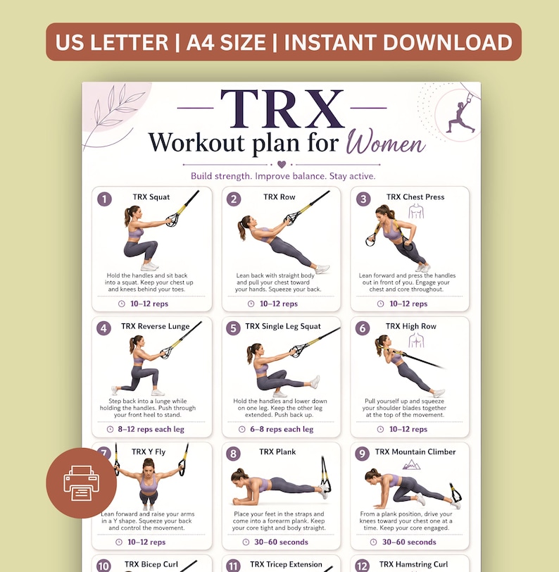 Plan de entrenamiento TRX para mujeres, ejercicios de entrenamiento en suspensión, fuerza de cuerpo completo (PDF imprimible) imagen 1