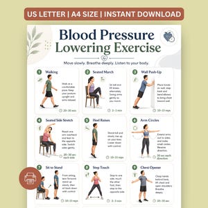 May include: A digital chart titled Blood Pressure Lowering Exercise featuring nine illustrated physical activities including walking, seated marches, wall push-ups, seated side stretches, heel raises, arm circles, sit to stands, step touches, and chest openers.