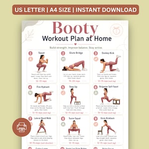 Może przedstawiać: Cyfrowy przewodnik treningowy zatytułowany Booty Workout Plan at Home zawierający dwanaście ponumerowanych ilustracji ćwiczeń. Każda sekcja zawiera opisowy tytuł, wizualizację osoby w sportowym stroju w kolorze malwy oraz instrukcje tekstowe.