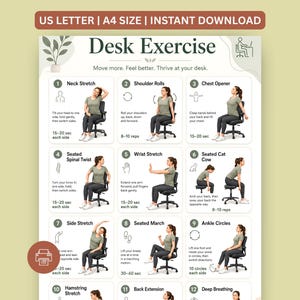 Op de afbeelding: Een digitale poster getiteld Desk Exercise met twaalf genummerde illustraties van een persoon in een groen shirt en zwarte broek die zittende rekoefeningen en bewegingen op een bureaustoel uitvoert met instructietekst.