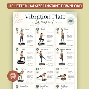 Pode incluir: Um gráfico de treino intitulado Vibration Plate Workout com doze ilustrações numeradas de exercícios. Cada secção mostra uma figura a realizar um movimento numa plataforma vibratória, com instruções de texto e contagem de repetições para formato A4.