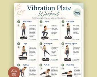 Tabla de ejercicios con plataforma vibratoria imprimible en PDF, póster de ejercicios de cuerpo completo con plataforma vibratoria, guía de entrenamiento físico en casa.
