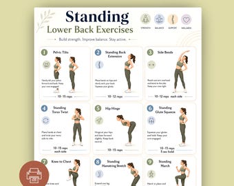 Standing Lower Back Exercises Poster, Rehab Workout Chart (Digital Download)