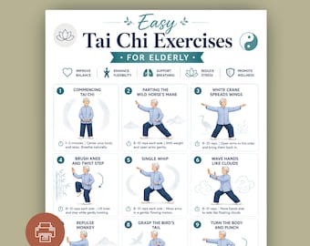 Easy Tai Chi Exercises Poster | Senior Low Impact Workout Chart (Digital Download)