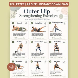 May include: A digital exercise chart titled Outer Hip Strengthening Exercises with the text US LETTER | A4 SIZE | INSTANT DOWNLOAD. It features nine numbered instructional panels showing various physical movements with text descriptions and rep counts.