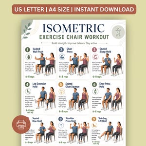 May include: A digital exercise chart titled ISOMETRIC EXERCISE CHAIR WORKOUT featuring nine numbered illustrations of people performing seated movements. Each section includes text instructions and rep counts for exercises like wall pushes and bicep holds.