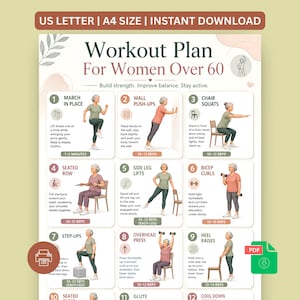 Puede incluir: Un plan de entrenamiento digital titulado Workout Plan For Women Over 60, que presenta doce ilustraciones numeradas de ejercicios. Cada sección incluye instrucciones de texto y conteo de repeticiones para diversos movimientos físicos.