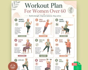 Workout Plan For Women Over 60 Printable PDF, Senior Fitness Exercise Chart, Strength & Balance Workout Poster, Home Workout Guide