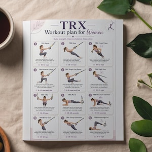 Puede incluir: Un gr&aacute;fico blanco de plan de entrenamiento TRX con doce ilustraciones de ejercicios numeradas, instrucciones y conteo de repeticiones. El texto dice TRX Workout plan for Women, Build strength. Improve balance. Stay active. Cada recuadro muestra a una persona realizando un movimiento TRX.