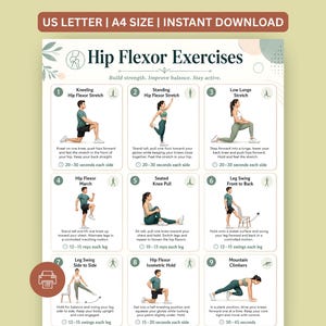 May include: A digital instructional chart titled Hip Flexor Exercises featuring nine numbered panels. Each panel displays a person demonstrating a specific stretch or movement with text instructions, time durations, and repetition counts for each exercise.