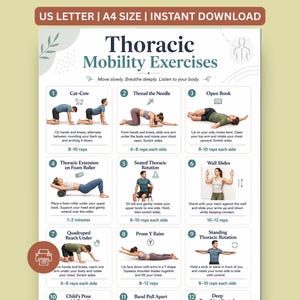 May include: A digital poster titled Thoracic Mobility Exercises featuring twelve numbered instructional panels with illustrations of people performing various stretches and movements, including Cat-Cow, Thread the Needle, and Open Book.